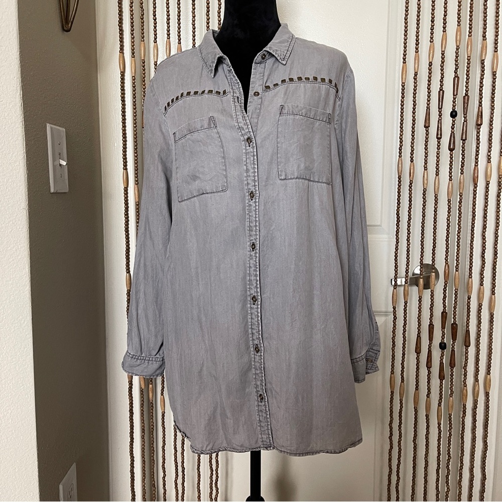 Intro Roll Tab Sleeve Womens Button Up Blouse w/Studded Detail Grey XL Grunge
